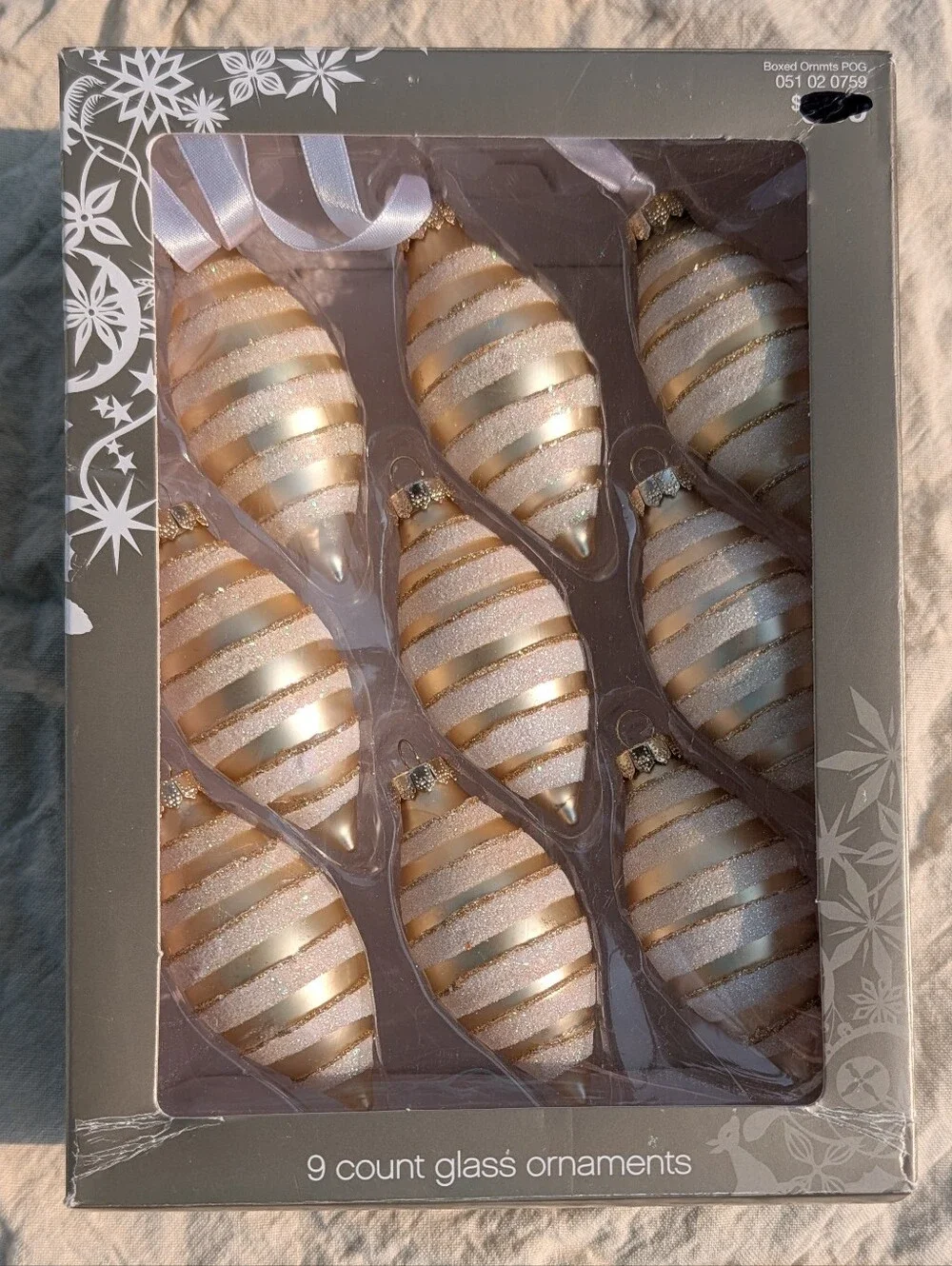 Vintage Box 9 Pc CHRISTMAS ORNAMENTS Satin GLITTER STRIPE Cream & Gold Teardrop